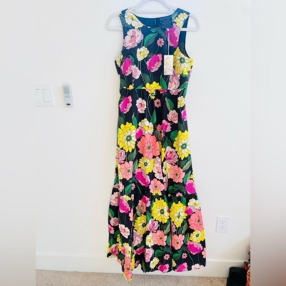 Johnny Was Black floral pink yellow Cassai Open back sleeveless maxi dress S NWT - Picture 2 of 14